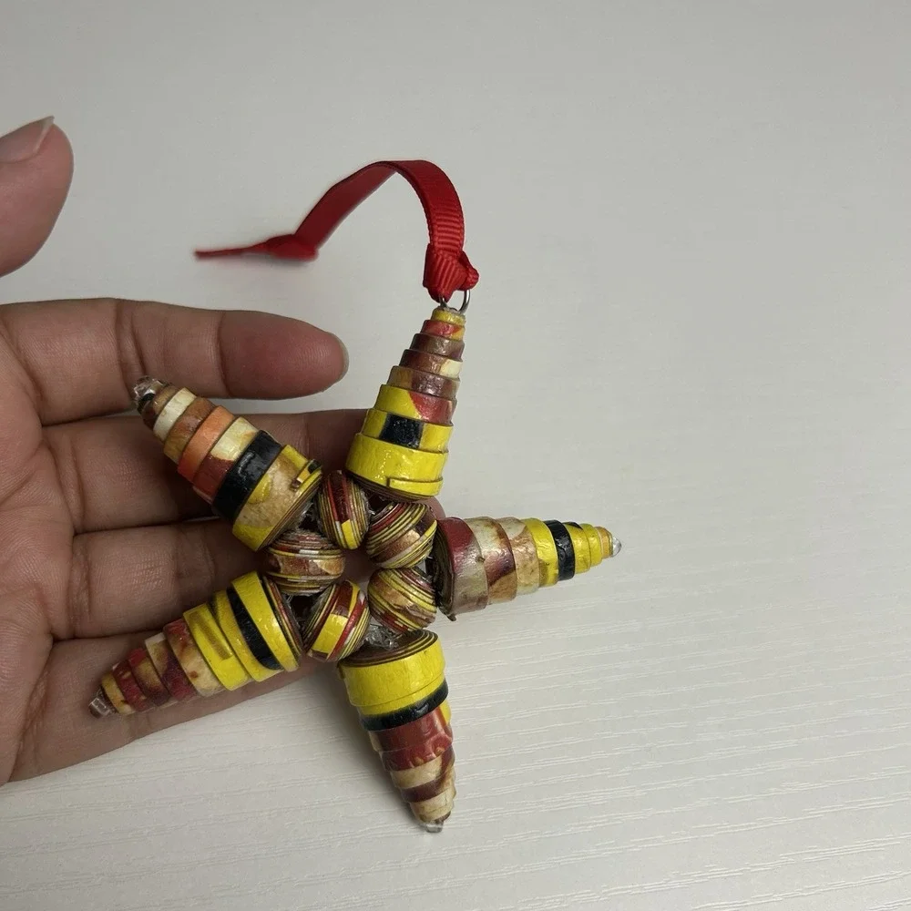Recycled Paper Cardboard Bead Handmade Star Ornament Yellow, Red, Black